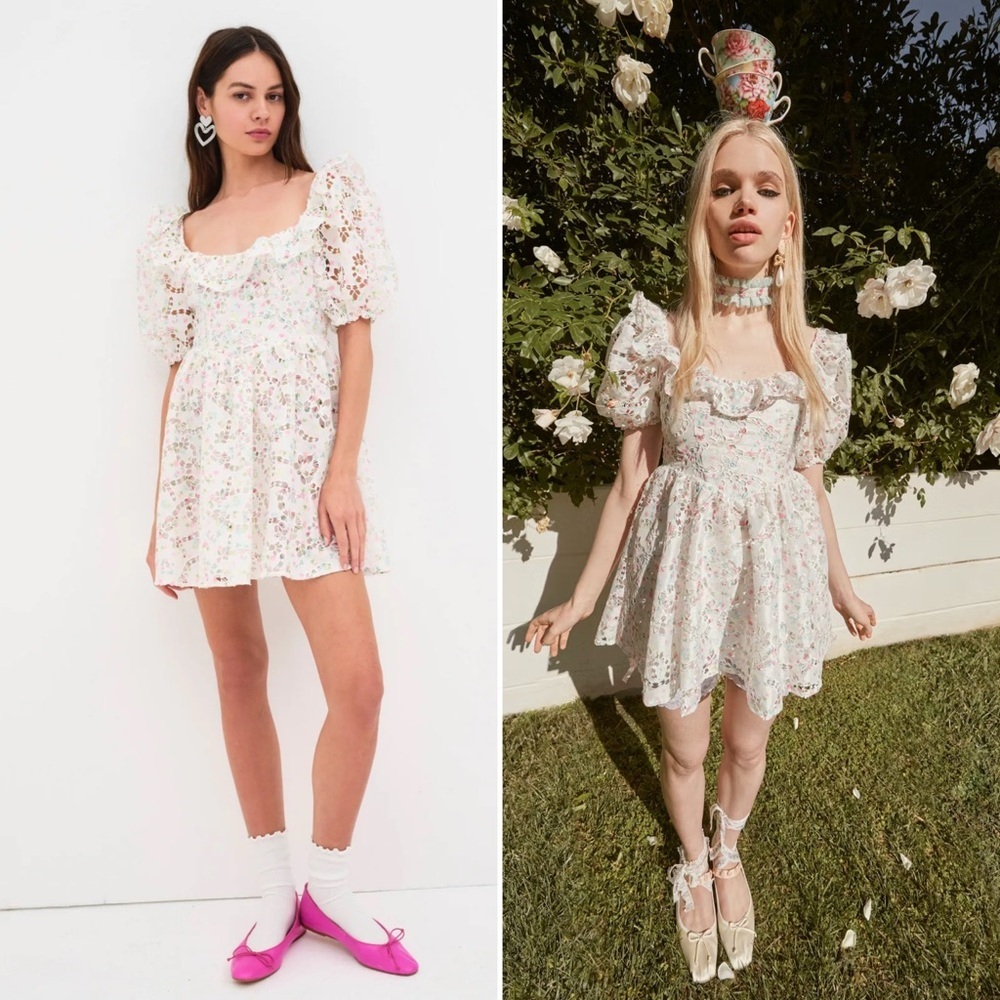 For Love & Lemons Magnolia Mini Dress White Multi Size Small‎
